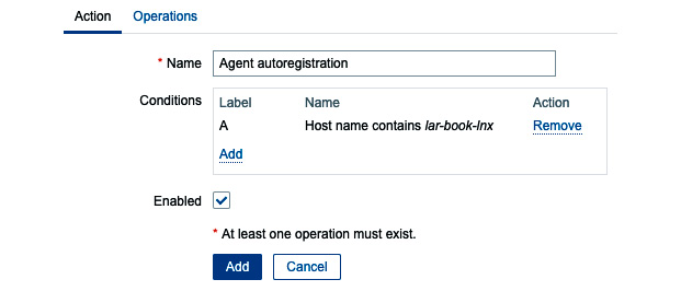 Figure 7.20 – Create action page, filled with our information for host lar-book-lnx
