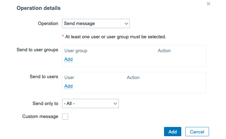 Figure 7.21 – Create action operations page, new operation window, Send message for host lar-book-lnx
