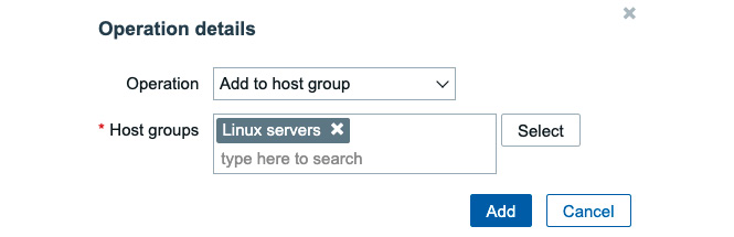 Figure 7.22 – Create action operations page, new operation window, Add to host group, lar-book-lnx
