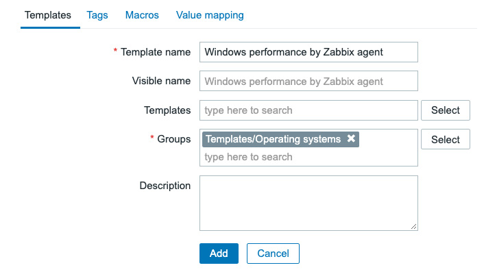 Figure 7.27 – Configuration | Templates, Create template page, Windows performance by Zabbix agent
