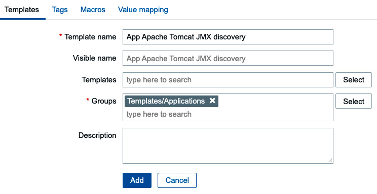 Figure 7.39 – Configuration | Templates, Create new template page, Apache Tomcat JMX discovery
