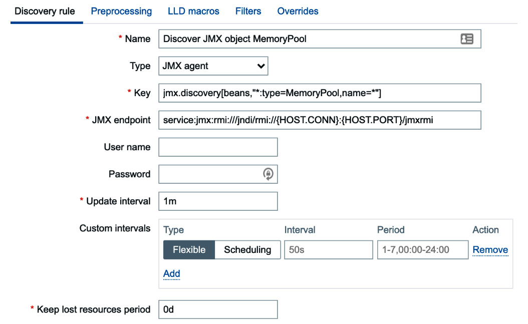 Figure 7.40 – Configuration | Templates, create new template page, Discover JMX object MemoryPool
