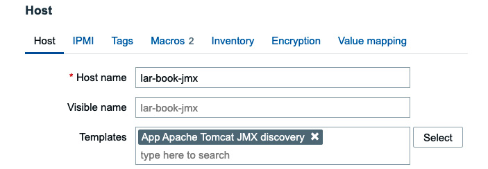 Figure 7.43 – Configuration | Hosts, add template to host lar-book-jmx
