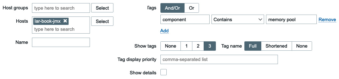 Figure 7.44 – Monitoring | Latest data page filters, host lar-book-jmx
