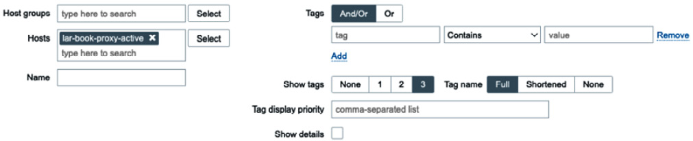 Figure 8.22 – Monitoring | Latest data page with filters, host lar-book-proxy-active
