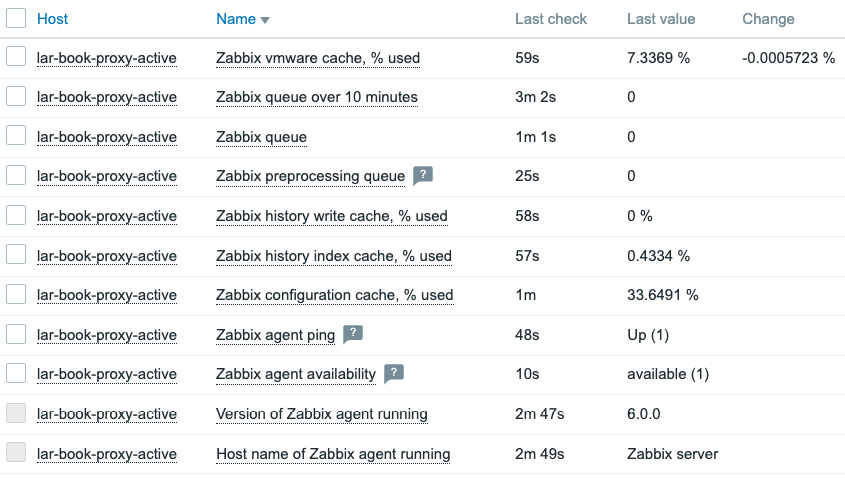 Figure 8.23 – Monitoring | Latest data page with data from our Zabbix proxy
