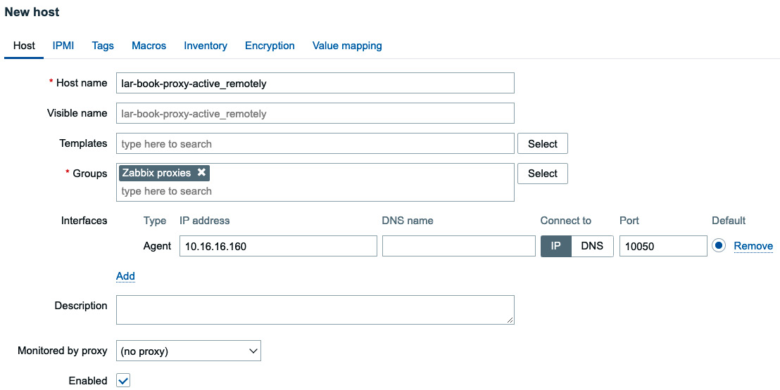 Figure 8.24 – Configuration | Hosts, Create host page, lar-book-proxy-active_remotely
