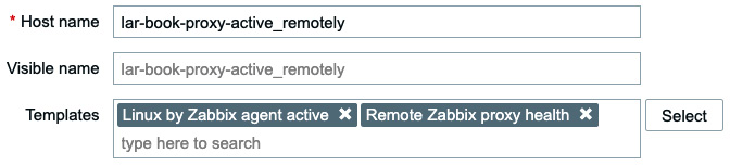 Figure 8.25 – Configuration | Hosts, create new host page, Templates tab, lar-book-proxy-active_ remotely
