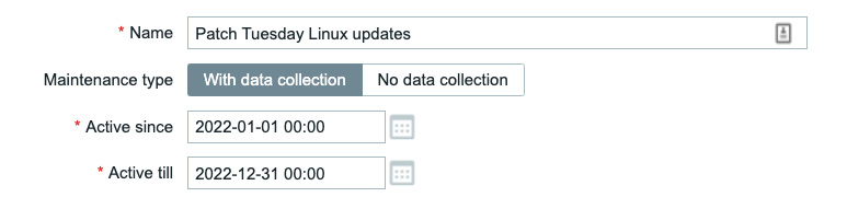 Figure 11.1 – Zabbix Configuration | Maintenance, create maintenance page, Patch Tuesday
