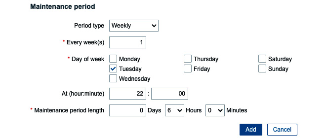 Figure 11.2 – Zabbix Configuration | Maintenance, create maintenance period window, Patch Tuesday
