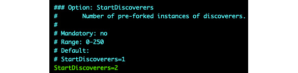 Figure 11.12 – Zabbix server configuration file, StartDiscoverers 2
