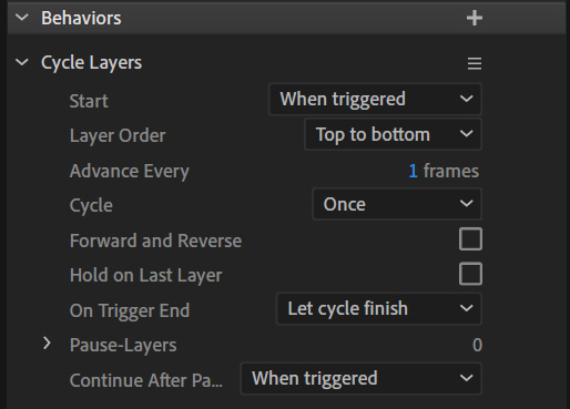 Figure 11.5: The Cycle Layers behavior provides many options for your .png images