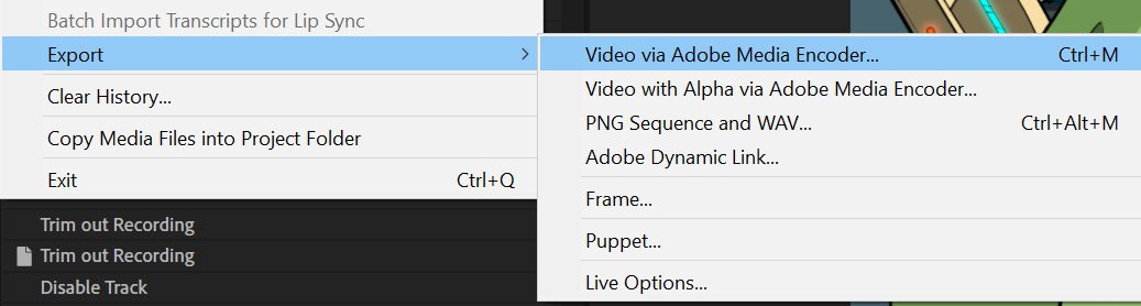 Figure 12.5: Exporting with Media Encoder is the first option on the Export list