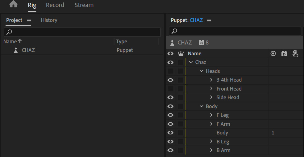 Figure 4.1: Chaz rig’s layers revealed in the Rig tab