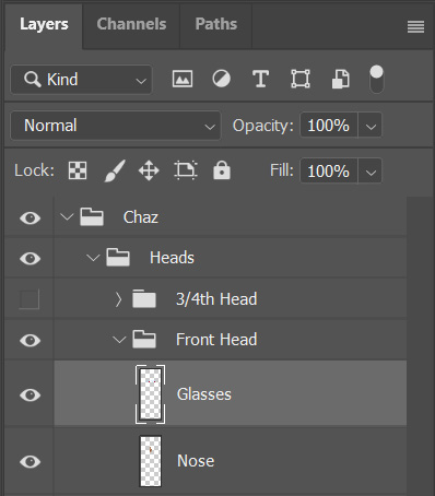 Figure 4.8: Glasses will sit on top of the list under Front Head