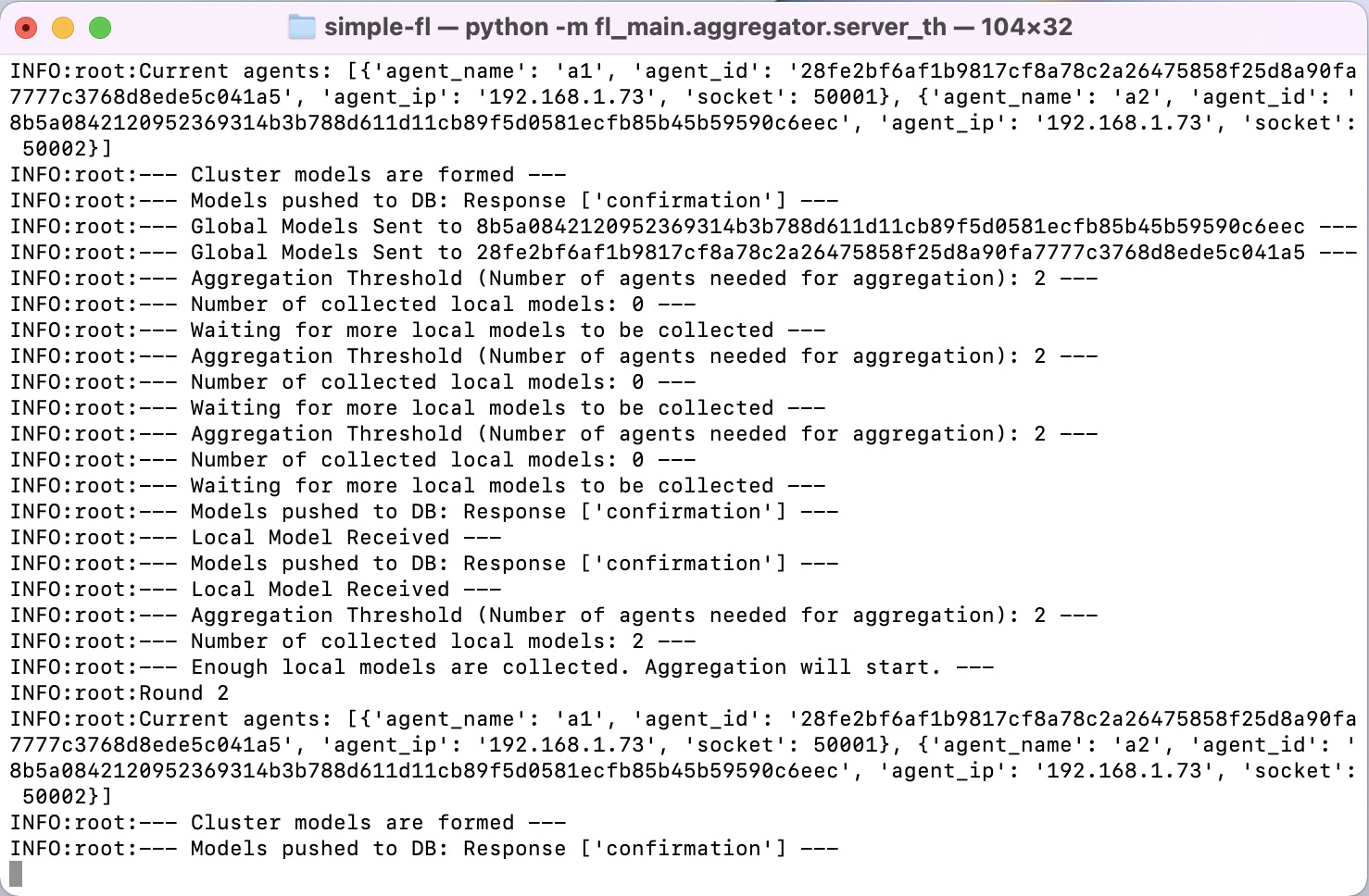 Figure 6.8 – Example of an aggregator-side console running a minimal example connecting two agents
