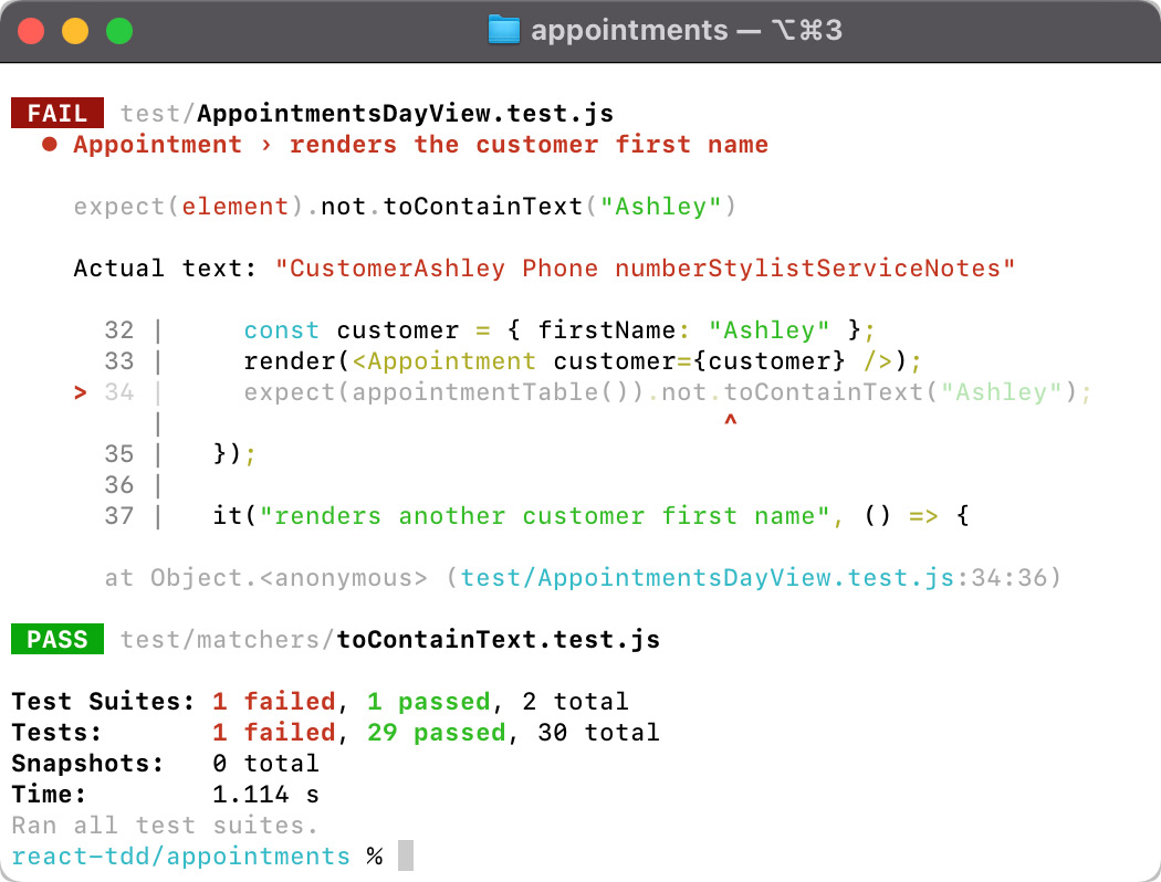 Figure 3.1 – The output of the toContainText matcher when it fails
