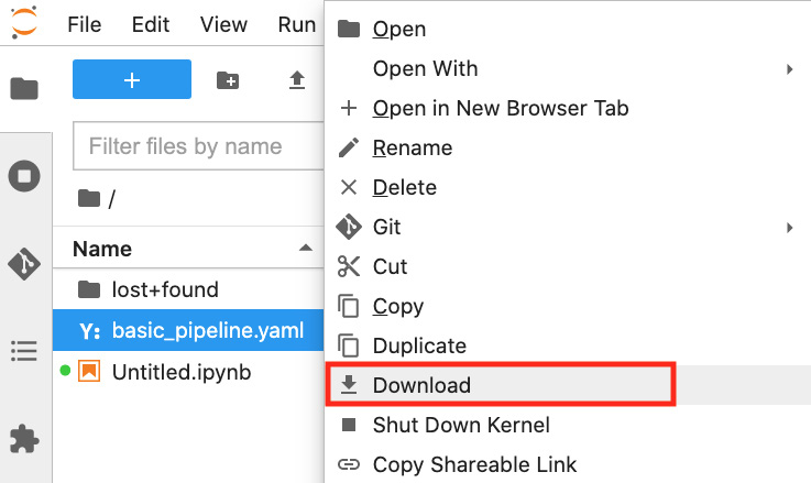 Figure 10.24 – Downloading the basic_pipeline.yaml file
