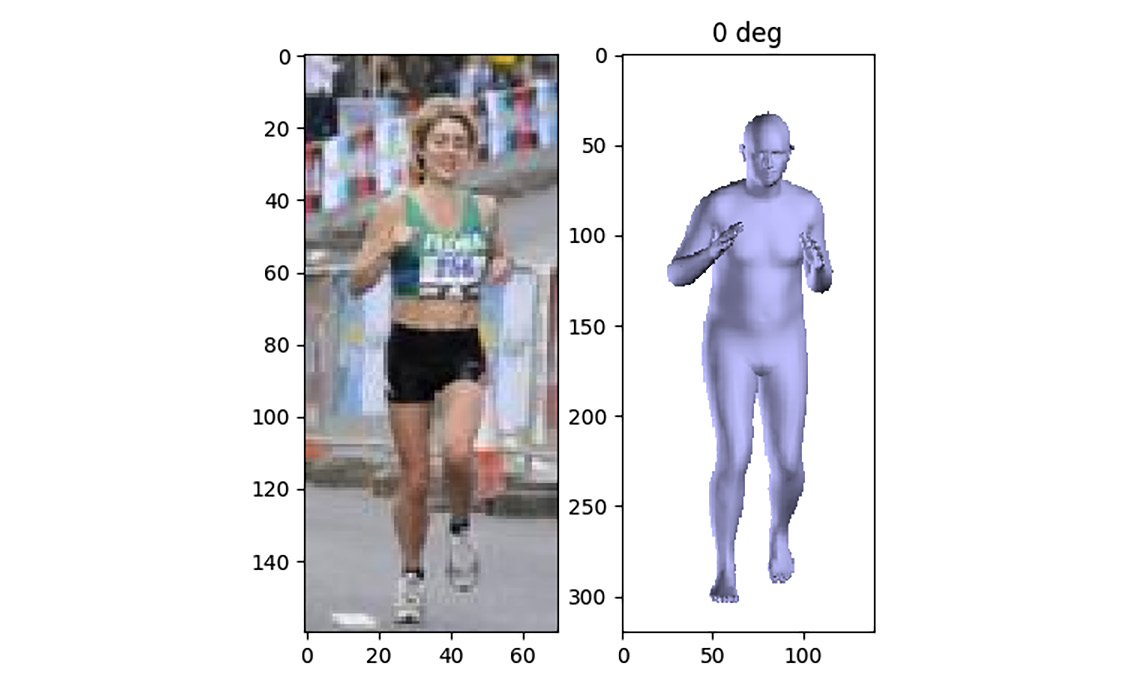 Figure 8.4 – Image in the LSP dataset of a person running (left) and the 3D body shape fitting this image (right)

