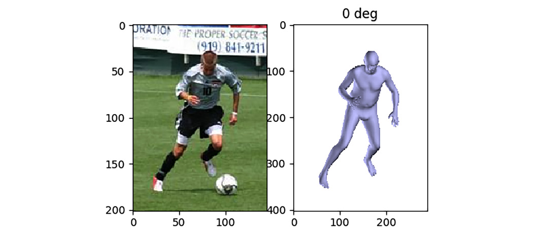 Figure 8.5 – Image in the LSP dataset of a soccer player in action (left) and the 3D body shape fitting this image (right)
