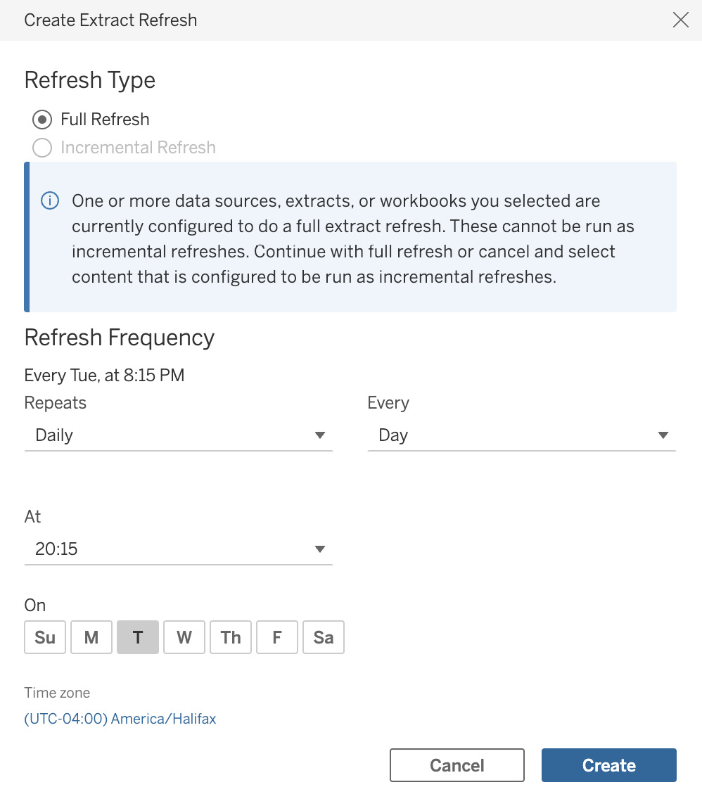 Figure 2.9 – Create Extract Refresh dialogue