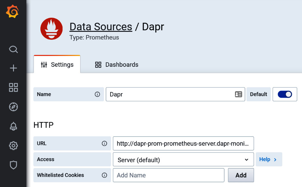 Figure 11.7 – Dapr data source in Grafana
