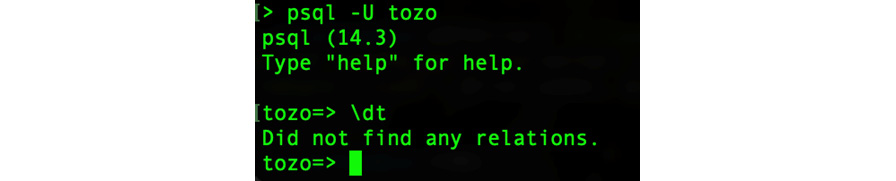 Figure 2.3: The output from psql when running the dt command to describe the empty database
