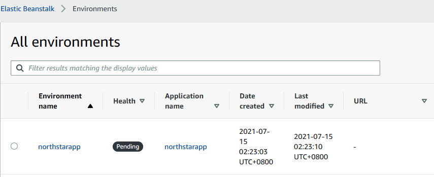 Figure 1.21 – Elastic Beanstalk page showing northstarapp
