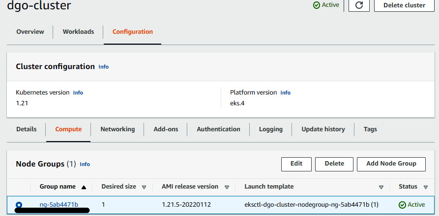 Figure 10.4 – An EKS cluster configuration showing the node group
