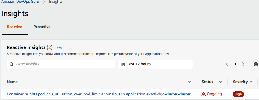 Figure 10.16 – The DevOps Guru Insights page showing reactive insights
