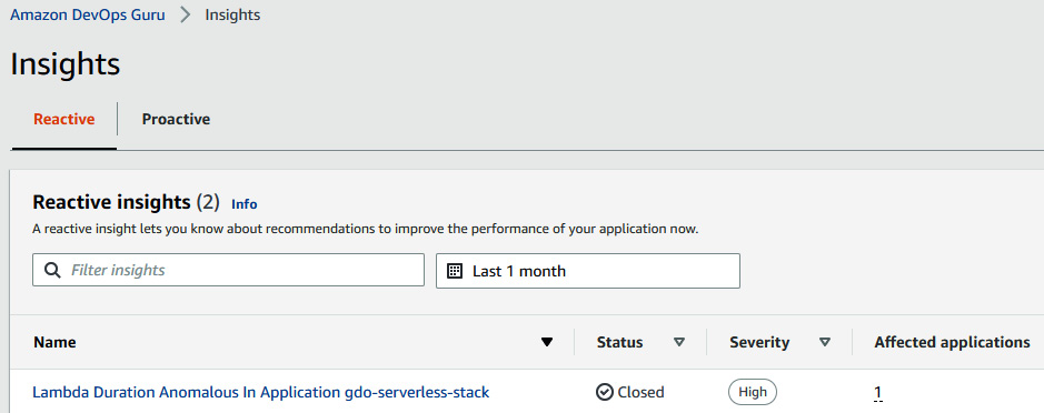 Figure 10.26 – DevOps Guru showing reactive insight anomalies
