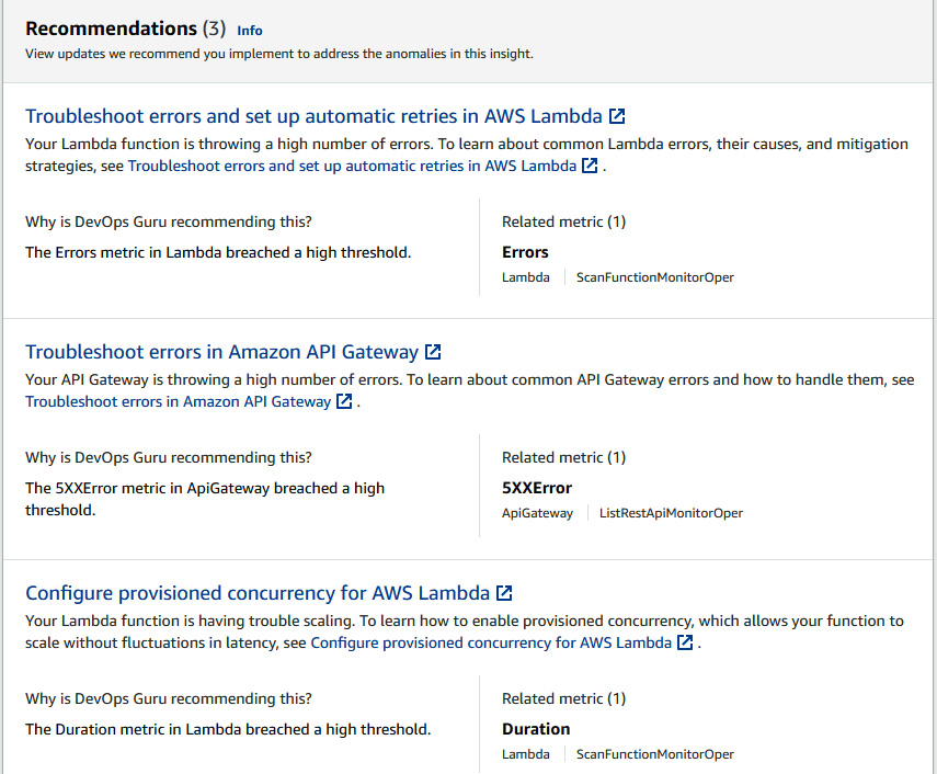 Figure 10.29 – Recommendations provided by DevOps Guru to address anomalies
