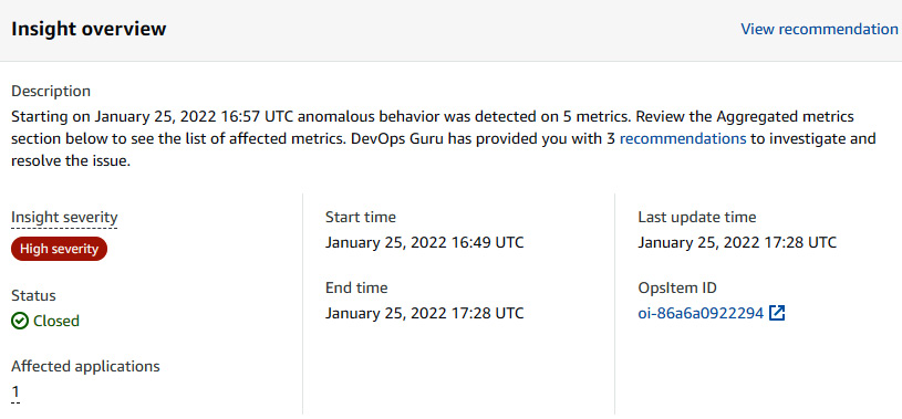 Figure 10.30 – Insight overview showing OpsItem ID
