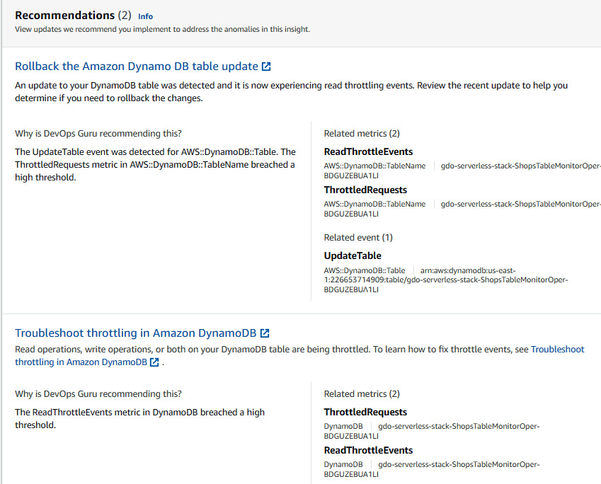 Figure 10.34 – Recommendation from DevOps Guru to address anomalies
