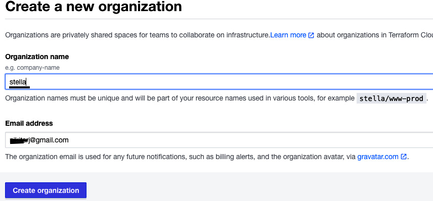 Figure 2.19 – Creating an organization in Terraform Cloud
