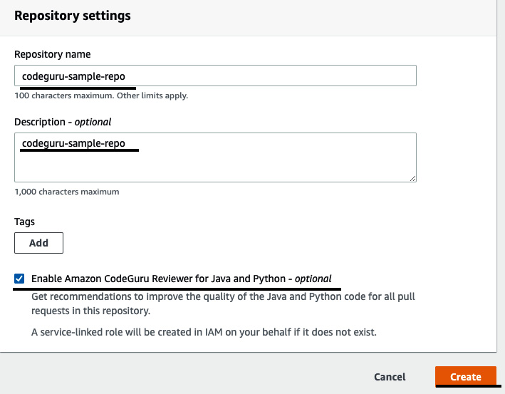 Figure 3.38 – Creating a CodeCommit repository and enabling CodeGuru
