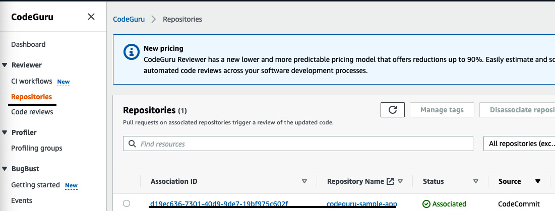 Figure 3.39 – The CodeGuru console showing the associated repository
