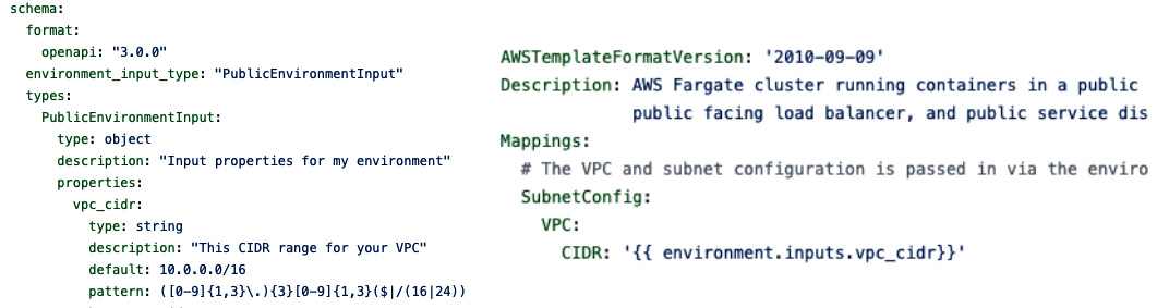 Figure 3.4 – Schema file (on the left) and CloudFormation file (on the right)
