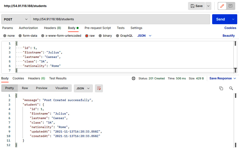 Figure 6.41 – Postman Console showing the POST request result of the student record
