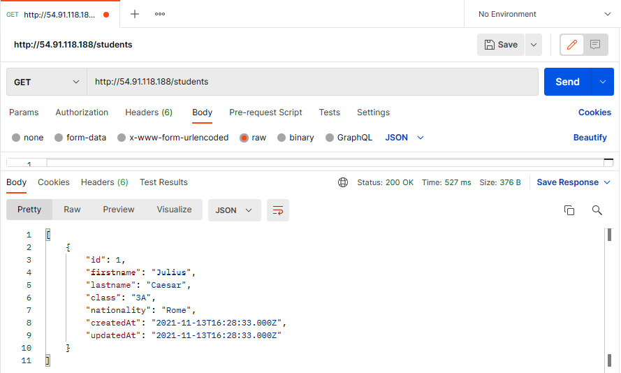 Figure 6.42 – Postman console showing the GET request result of the student record
