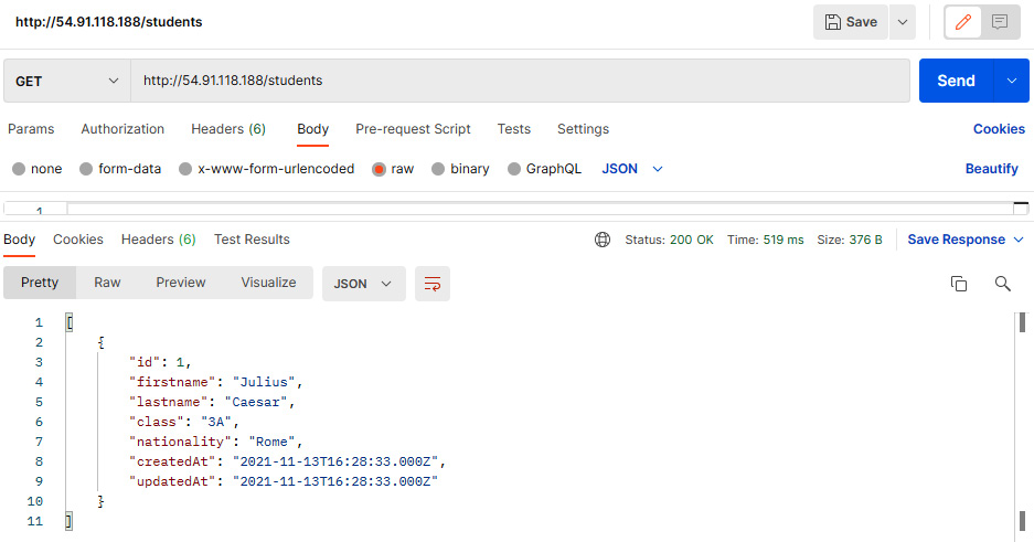 Figure 6.48 – Postman console showing the GET request result of the student record
