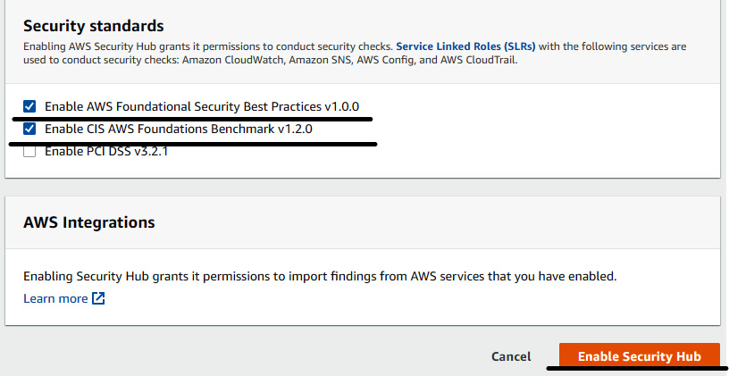 Figure 7.6 – Enabling Security Hub with security standards
