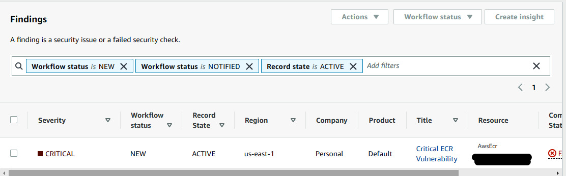 Figure 7.11 – AWS Security Hub shows the findings of the ECR vulnerability
