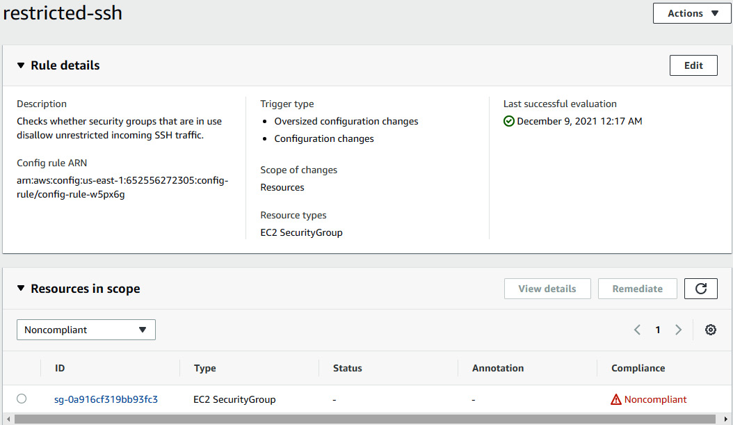 Figure 7.19 – Non-compliant resource showing under the restricted-ssh rule
