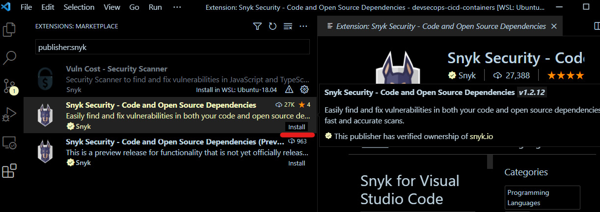 Figure 9.3 – Marketplace showing Snyk Vulnerability Scanner
