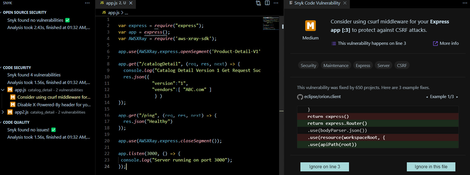  Figure 9.7 – Snyk showing vulnerabilities and recommendations
