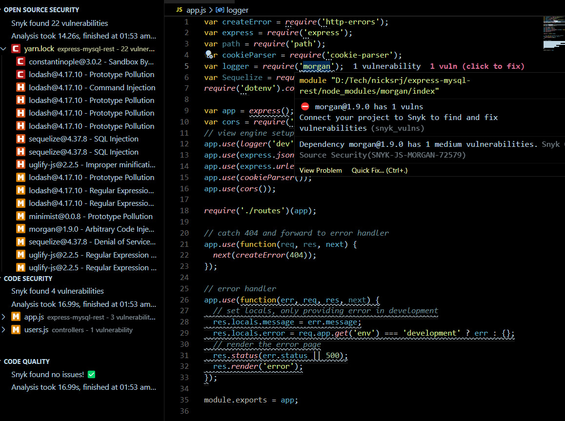 Figure 9.10 – Snyk showing open source vulnerabilities
