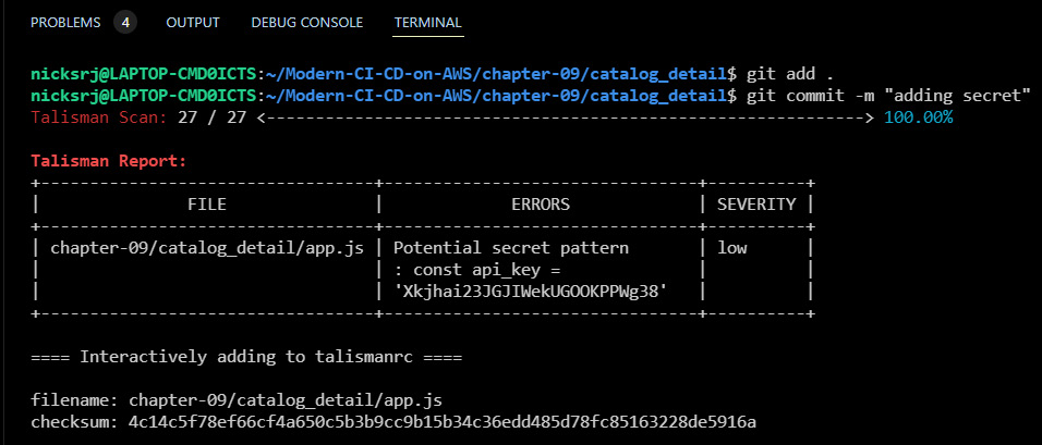 Figure 9.11 – Talisman scanned the code before committing and reported the secret
