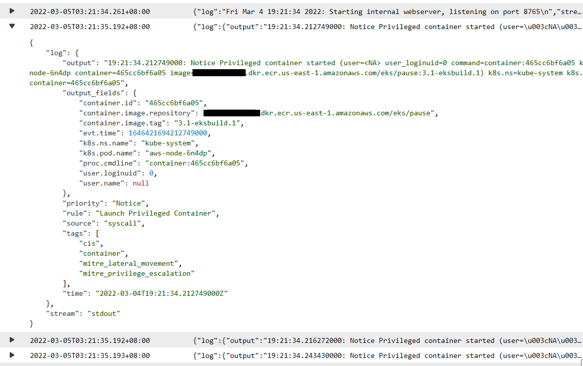 Figure 9.20 – CloudWatch log exported by Falco showing Pods noncompliant with rules
