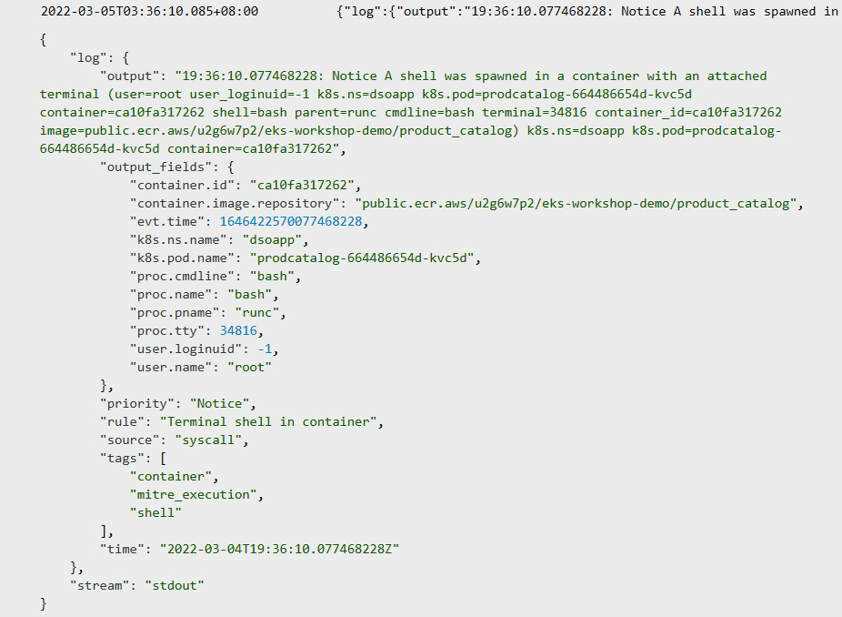 Figure 9.21 – CloudWatch log showing the start of a shell session in the prodcatlog Pod
